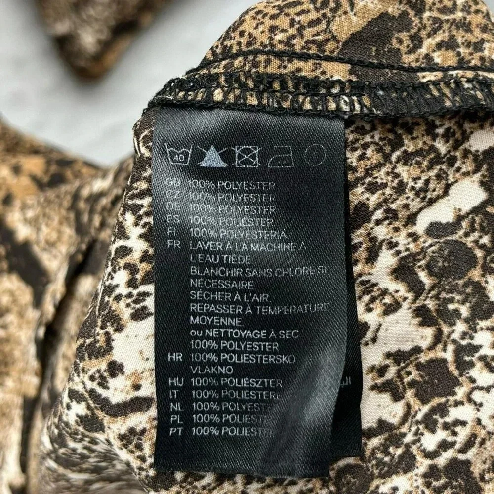 H&M Mini Dress Women's Sz 4 Brown Snake Print 3/4 Sleeve Scoop Neck Tie Waist - Picture 9 of 11